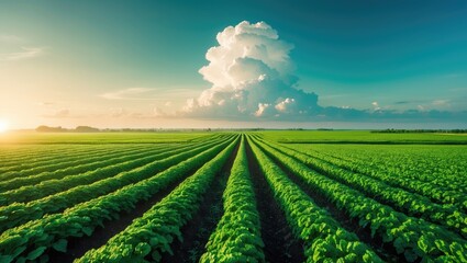Lush green farmland with crops growing in rows under a sky with clouds and sunlight. Agronomy, agriculture, and nature scenery. The concept of rural farming and cultivation.