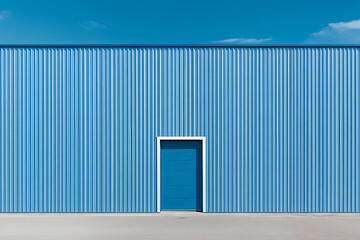 Fototapeta premium Blue metal facade with a centered door. Minimalist building exterior with clean lines against a clear blue sky. Simple architectural design.