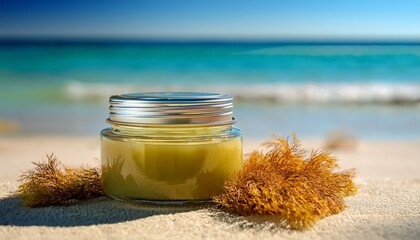 beige sea moss gel in a closed glass jar surrounded by fluffy dried sea moss on sunlit sand with turquoise ocean softly blurred in the background
