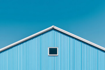 Fototapeta premium Minimalist shot of a blue building facade with a small window, against a clear blue sky. Simple, architectural and bright.