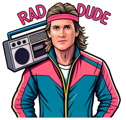 Rad Dude Mullet Man Retro 80s. PNG, Print Shirt, Sticker.