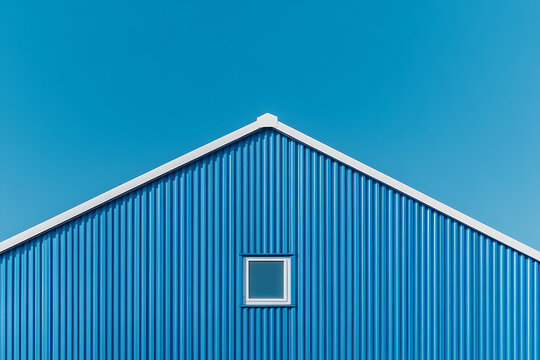 Simple architectural image showcasing a blue building with a single window against a clear sky. Minimalist design, bright colors, and strong lines define the scene.