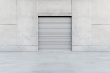 Obraz premium Gray roll-up door in a modern concrete building, providing a clean and minimalist industrial aesthetic. Architectural detail.