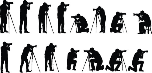 Silhouette illustration of photographers using tripods in different poses, professional camera setup, capturing moments, photography concept, minimal vector art