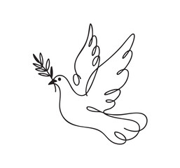 Single line drawing of a dove holding an olive branch in its beak bird peace