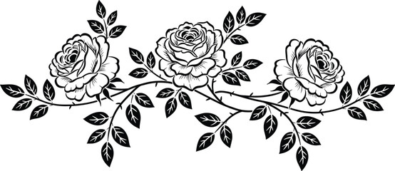 Triple rose silhouette with curling vine and leaves, classic black floral vector for tattoos, romantic designs, and decorative motifs ©  Creative Crafter