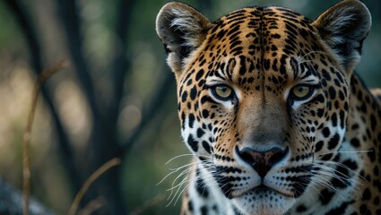 Obraz premium Close-up of a jaguar's face with detailed fur patterns and piercing eyes in a natural forest environment.