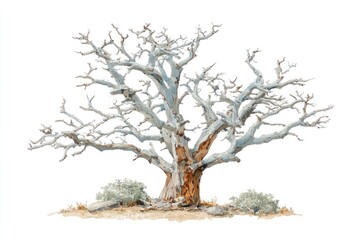 Detailed illustration of a large, leafless tree.
