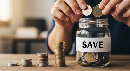 Businessman Putting Coin into Savings Jar - Finance and Investment Concept
