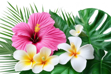 Vibrant tropical floral arrangement featuring pink hibiscus and white plumeria flowers with lush green foliage isolated on transparent background