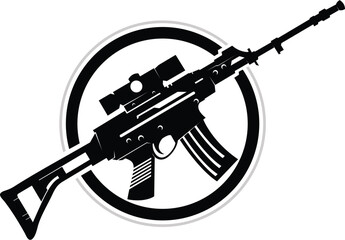 Modern red and blue abstract gun silhouette logo design with helvetica and courier font elements