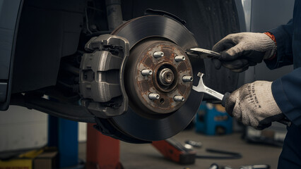 Car mechanic replacing brake pads on vehicle in repair shop.