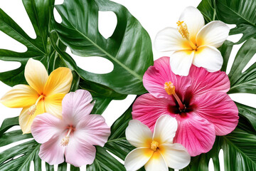 Obraz premium Vibrant tropical floral arrangement featuring hibiscus and plumeria blooms amidst lush greenery isolated on transparent background