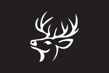 White deer head with antlers on black background minimalist logo stag buck