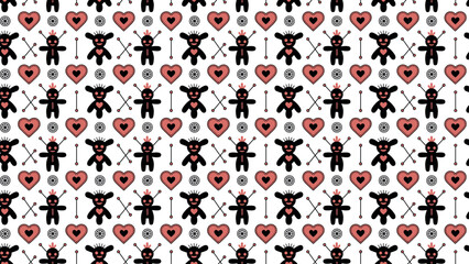 Seamless voodoo doll pattern with red hearts and crossed pins in magical style

