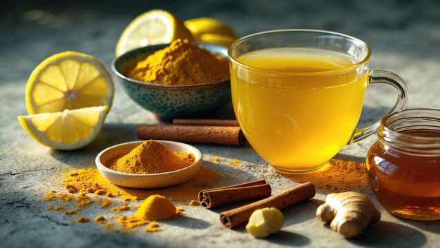 A cup of tea with lemon slices, turmeric powder, cinnamon sticks, ginger, honey jar, and lemon slices on a rustic surface. - Powered by Adobe
