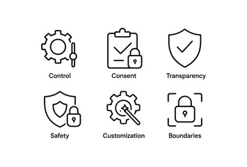 simple outline stroke icon items privacy settings (concepts): control consent transparency safety customization boundaries monoline icons style isolated on white background