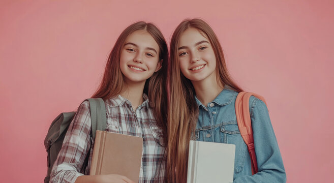 Twin sisters students smiling and holding books on pink background