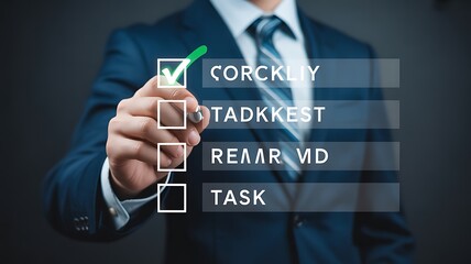 Obraz premium A man in a suit checking off a box on a checklist with a green checkmark in front of a dark background