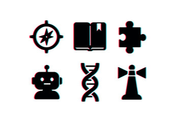 six different glitch effect illustration isolated on white backgorund curiosity pathfinder compass curiosity research journal curiosity puzzle piece curiosity AI chatbot curiosity DNA