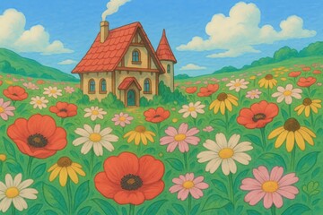 Charming house surrounded by vibrant flowers.