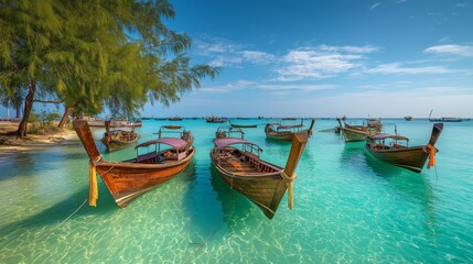 Obraz premium beautiful Southern Thailand beach with blue water and Ruea Hang Yao, long tail boat at shore of white sand beach
