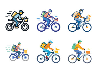 Variety of Delivery People on Bicycles with Backpacks and Front Baskets