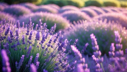 Obraz premium Lavender field in full bloom with purple flowers and greenery, scenic landscape, vibrant colors, and sunny weather.