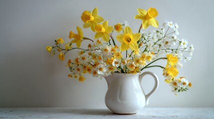 A springtime arrangement of yellow daffodils and small white flowers in a cream-colored pitcher.