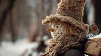 Obraz premium cute snowman smiling sitting at wooden bench in winter snow cover season