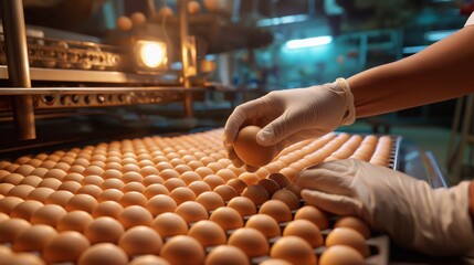 hand of farm worker pick up fresh eggs from tray