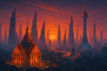 A vibrant cityscape at sunset with towering skyscrapers.