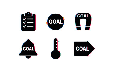 six different glitch effect illustration isolated on white backgorund goal planning guide goal affirmation cards goal magnet tokens goal focus bell goal progress thermometer chart goal
