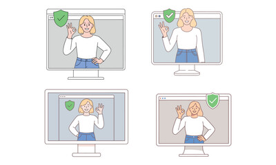 Woman waving on computer screen with green verification check mark icon
