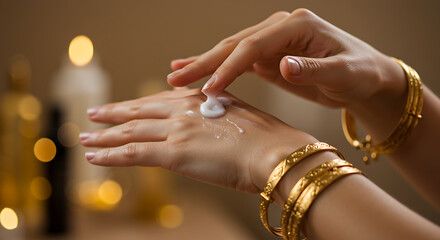 Close-up of hands applying cream, gold bracelets in focus