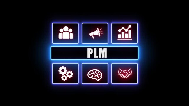 Neon PLM Visualization with Pink Icons Representing Product Lifecycle Elements: Team, Communication, Data, Process, Intelligence, and Collaboration in a Futuristic Interface for Engineering, Design,