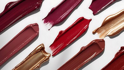 Swatches of rich creamy lipstick in various shades of red brown and gold makeup beauty