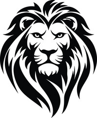 Stylized lion head silhouette with bold features and flowing mane for tattoo logo and emblem design