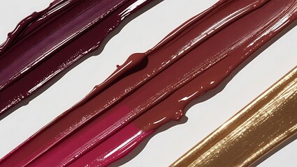 Swatches of rich burgundy deep red brown and metallic gold lipstick cream textures on white background