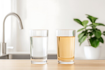 Two glasses of water, one clear, one discolored, placed in a bright kitchen setting, prompting considerations about water purity and potential contamination.