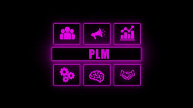 Neon PLM Visualization with Pink Icons Representing Product Lifecycle Elements: Team, Communication, Data, Process, Intelligence, and Collaboration in a Futuristic Interface for Engineering, Design,