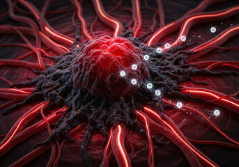 Microscopic View Of A Bioluminescent Cancer Cell With Intricate Structure And Glowing Particles