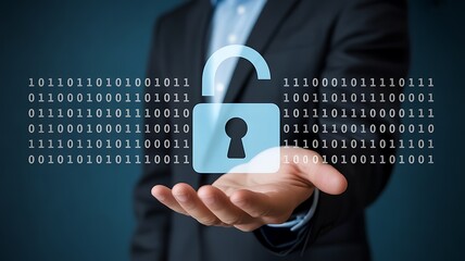 A person holding an open padlock over a hand with binary code in the background on a dark background
