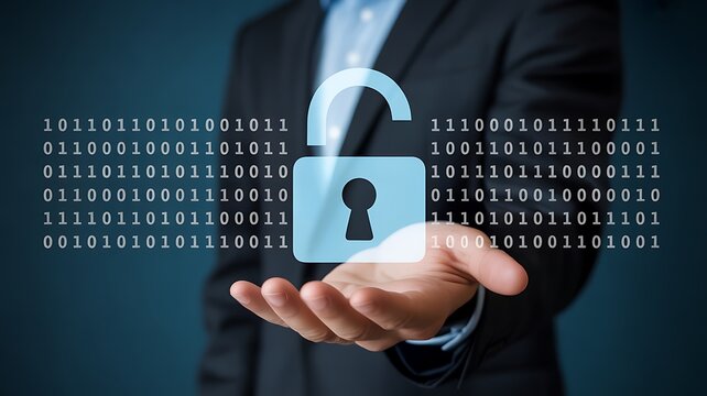 A person holding an open padlock over a hand with binary code in the background on a dark background