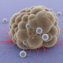 Microscopic View Of Brown And Gray Cells Clustered On A Purple Background