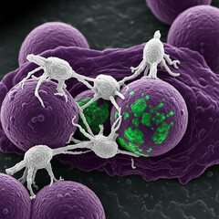 Microscopic View Of Immune Cells Attacking Bacteria In Various Hues