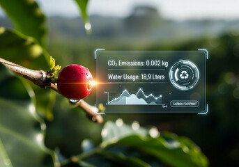 Red Coffee Bean With Digital Data Overlay On Branch and Leaf