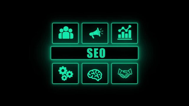 Futuristic SEO Dashboard with Cyan Neon Icons for Marketing, Analytics, Teamwork, Automation, and Intelligence Optimized Visual Representation of