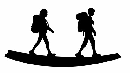 Fototapeta premium Silhouette of two hikers with backpacks walking on a curved surface in black and white illustration style