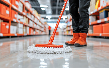 Cleaning Warehouse Floor: A worker uses a mop to clean a polished warehouse floor between rows of shelves stocked with merchandise in an industrial setting.